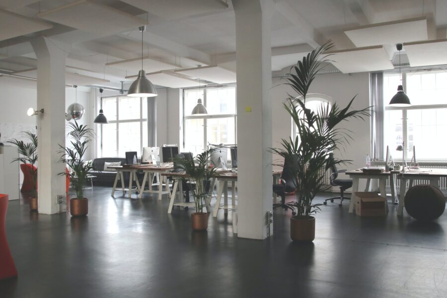 A bright, white, open office space is filled with desks, chairs, overhead lighting, computers, and plants, but there are no workers.