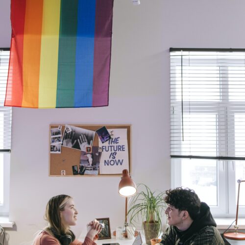 Two workers are sitting at a white desk in a minimalist office space. Above them is a rainbow flag, a lamp, a plant, and a cork board with some images posted to it. Notably, one says "The Future is Now".